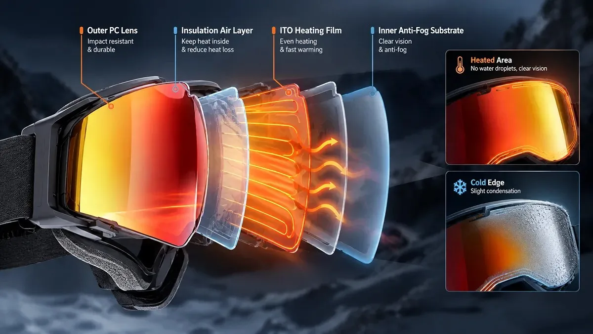 Exploded layer diagram showing outer PC lens, air insulation, ITO heating film, and inner anti-fog substrate