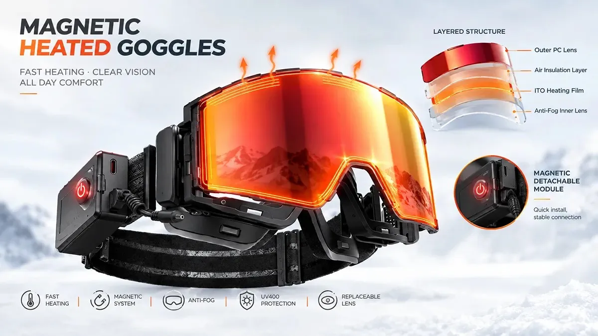 Magnetic heated ski goggles structure featuring quick-release outer lens, heating module, and strap assembly