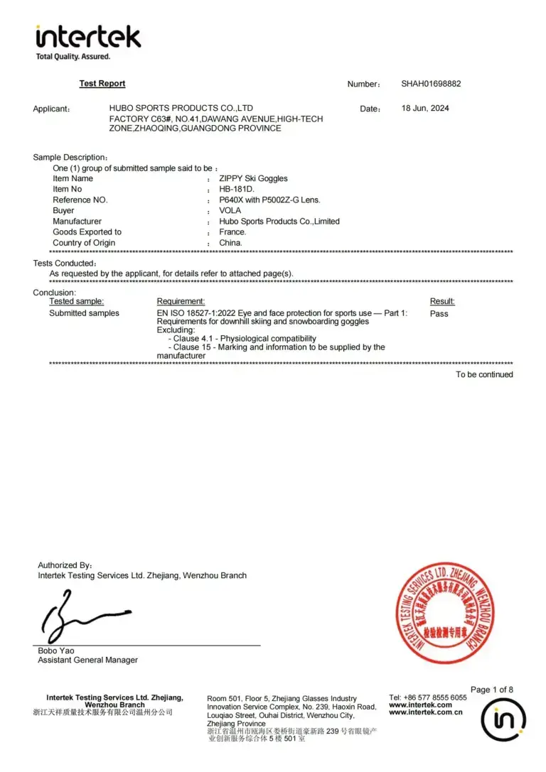 EN ISO 18527-1 Downhill Skiing Goggles Test Report SHAH01698882