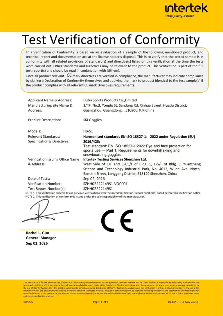 CE Test Verification of Conformity EN ISO 18527-1 Ski Goggles