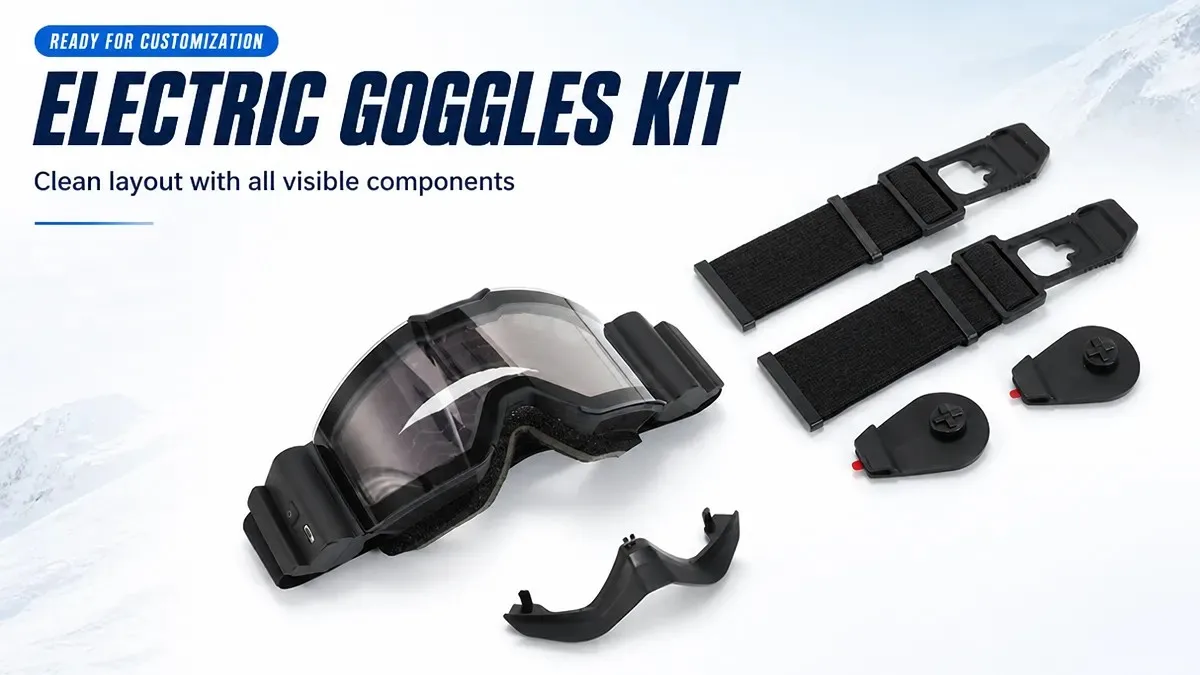 Electric ski goggles kit ready for customization including modular strap, nose guard, and accessories
