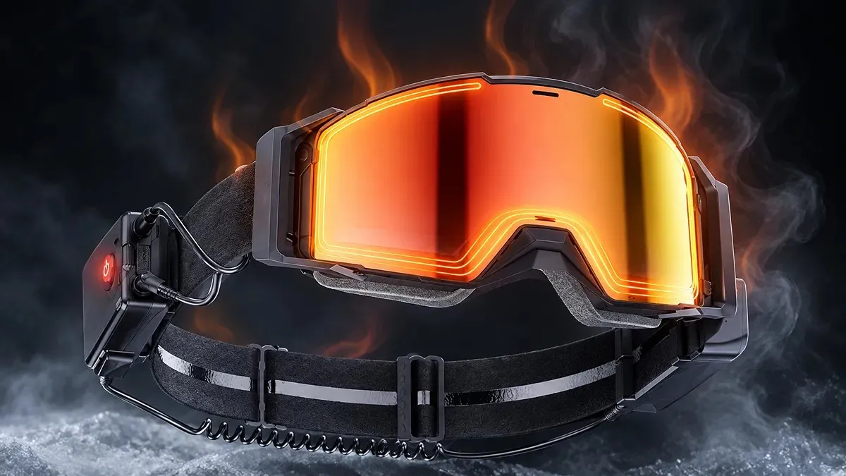 Heated anti-fog ski goggles with illuminated thermal element in cold alpine environment