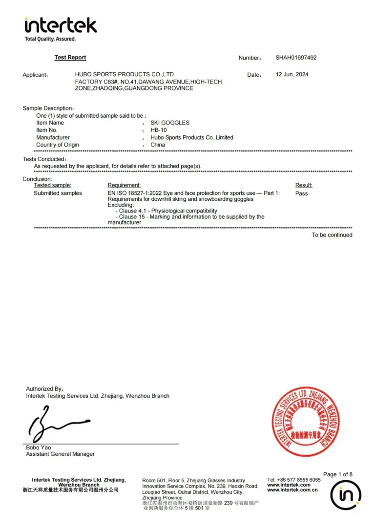 EN ISO 18527-1 Ski and Snowboard Goggles Test Report SHAH01697492