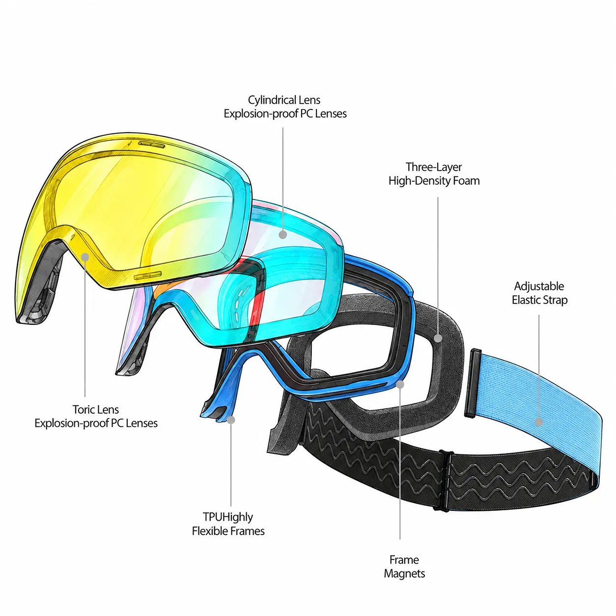 HB-55C toric cylindrical snow goggles exploded view color sketch