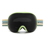 Back view of light green spherical ski goggles, triple layer face foam padding, adjustable striped strap, anti-fog snowboard eyewear