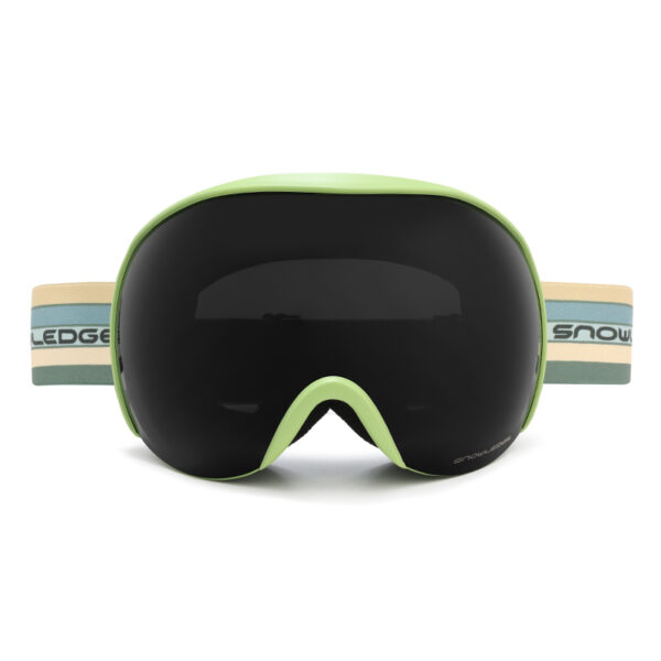 Back view of light green spherical ski goggles, triple layer face foam padding, adjustable striped strap, anti-fog snowboard eyewear