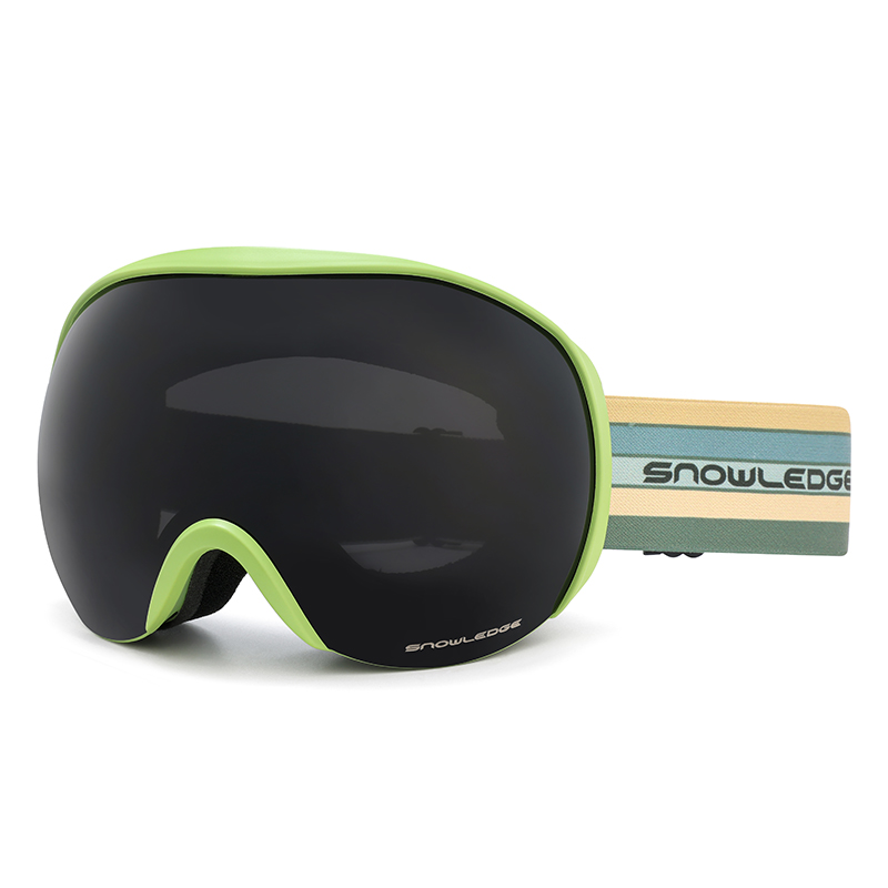 Light green spherical ski goggles back view, triple layer face foam, wide striped adjustable strap, snow sports eyewear