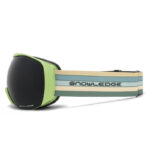 Side view of snow goggles, wide printed elastic strap, helmet compatible, winter skiing protective goggles