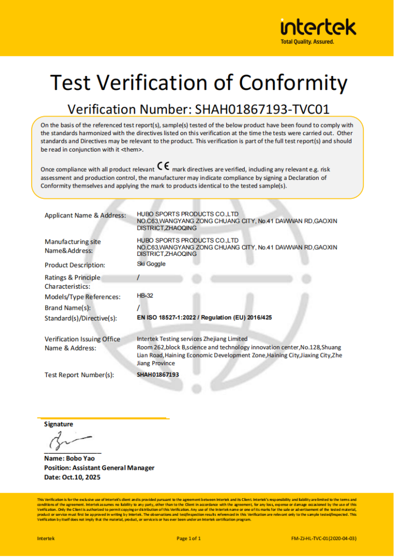 ski goggles ce certificate