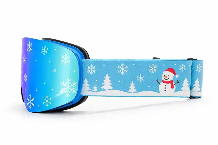 After: Adult ski goggles, custom printed strap with snowman, Christmas tree and snowflake motif, gradient blue mirrored cylindrical lens