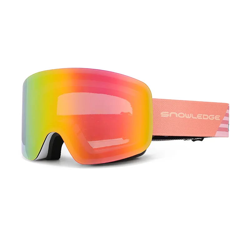ski goggles, pink strap colorful mirrored lens snow goggles