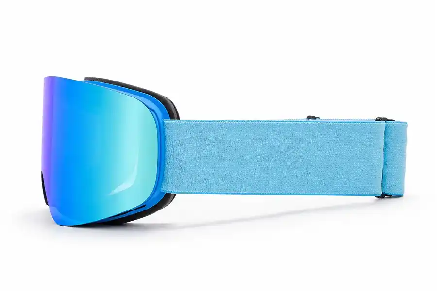 Before: Adult ski goggles, plain solid light blue wide strap, gradient blue mirrored cylindrical lens, customizable for pattern & logo