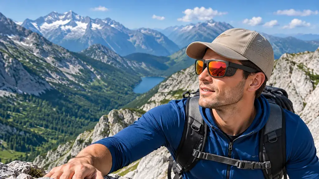 Male hiker on mountain peak, wearing polarized sport sunglasses, cap and backpack, alpine lake and snow mountain background, sunny outdoor adventure