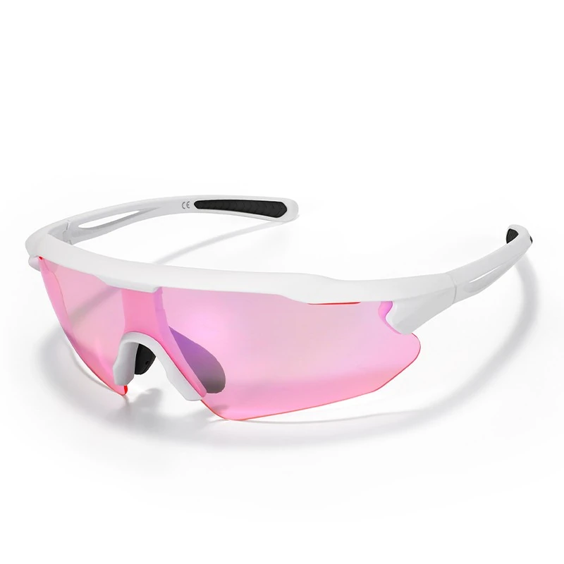 Hubo Sports HB-502 white frame cycling sunglasses with cherry pink photochromic shield lens