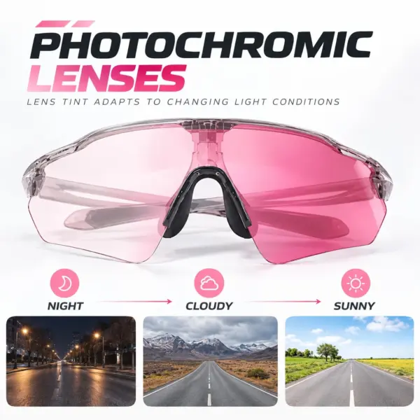 HB-502 cherry pink photochromic cycling lens adapting from night to cloudy and sunny conditions