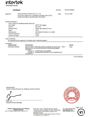 EN ISO 18527-1 Downhill Skiing Goggles Test Report SHAH01698882