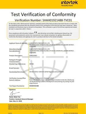CE Test Verification of Conformity EN ISO 12312-1 for Hubo Sports Sunglasses